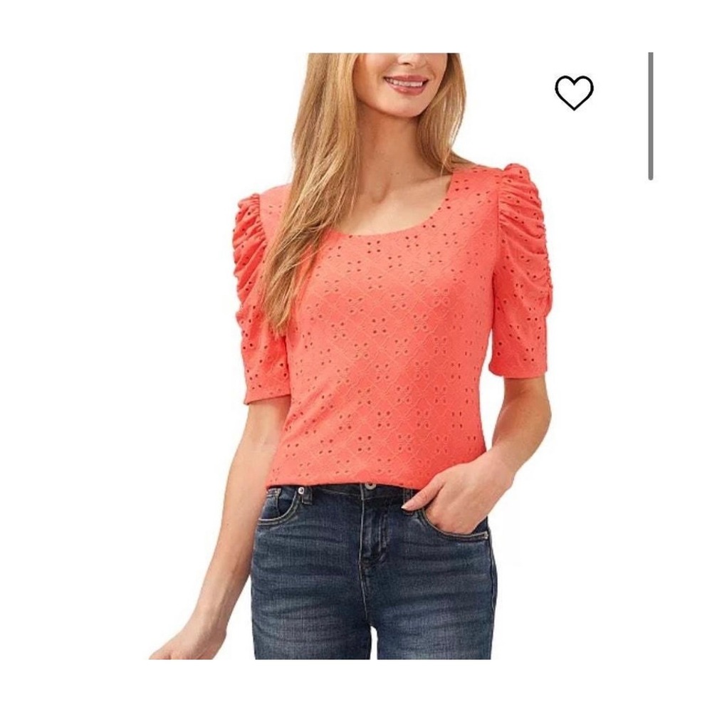 CeCe Eyelet Puff Sleeve Top Women Size M Coral‎ Ruched Scoop Neck